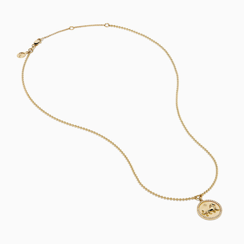 The Zodiac 14K Yellow Gold and Diamond Leo Necklace features a round pendant with an embossed lion design, bordered by sparkling diamonds on a delicate gold chain—an ideal statement piece for any Leo.