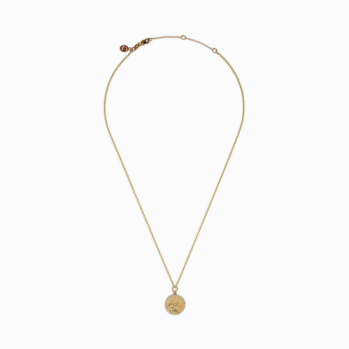 The Zodiac 14K Yellow Gold and Diamond Virgo Necklace features a round pendant with an engraved figure holding a star, accented by sparkling diamonds, shown on a plain white background.
