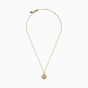 The Zodiac 14K Yellow Gold and Diamond Virgo Necklace features a round pendant with an engraved figure holding a star, accented by sparkling diamonds, shown on a plain white background.