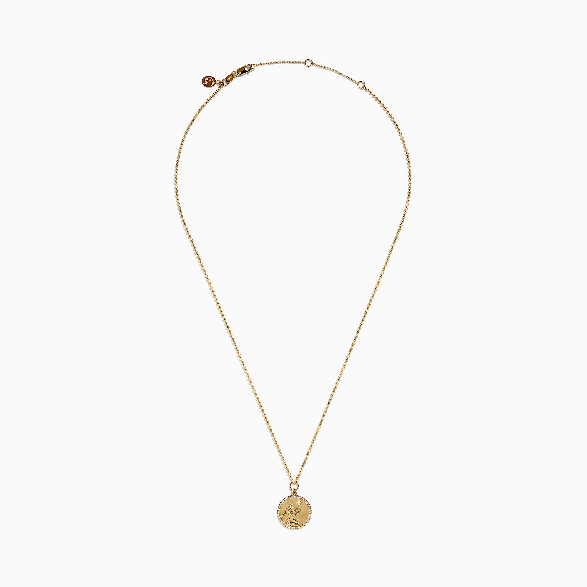 The Zodiac 14K Yellow Gold and Diamond Virgo Necklace features a round pendant with an engraved figure holding a star, accented by sparkling diamonds, shown on a plain white background.
