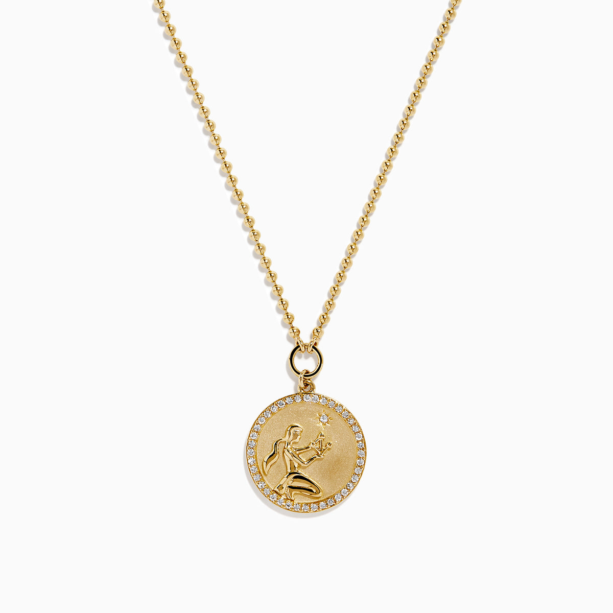 The Zodiac 14K Yellow Gold and Diamond Virgo Necklace features a round pendant with an engraved figure holding a star, accented by sparkling diamonds, shown on a plain white background.