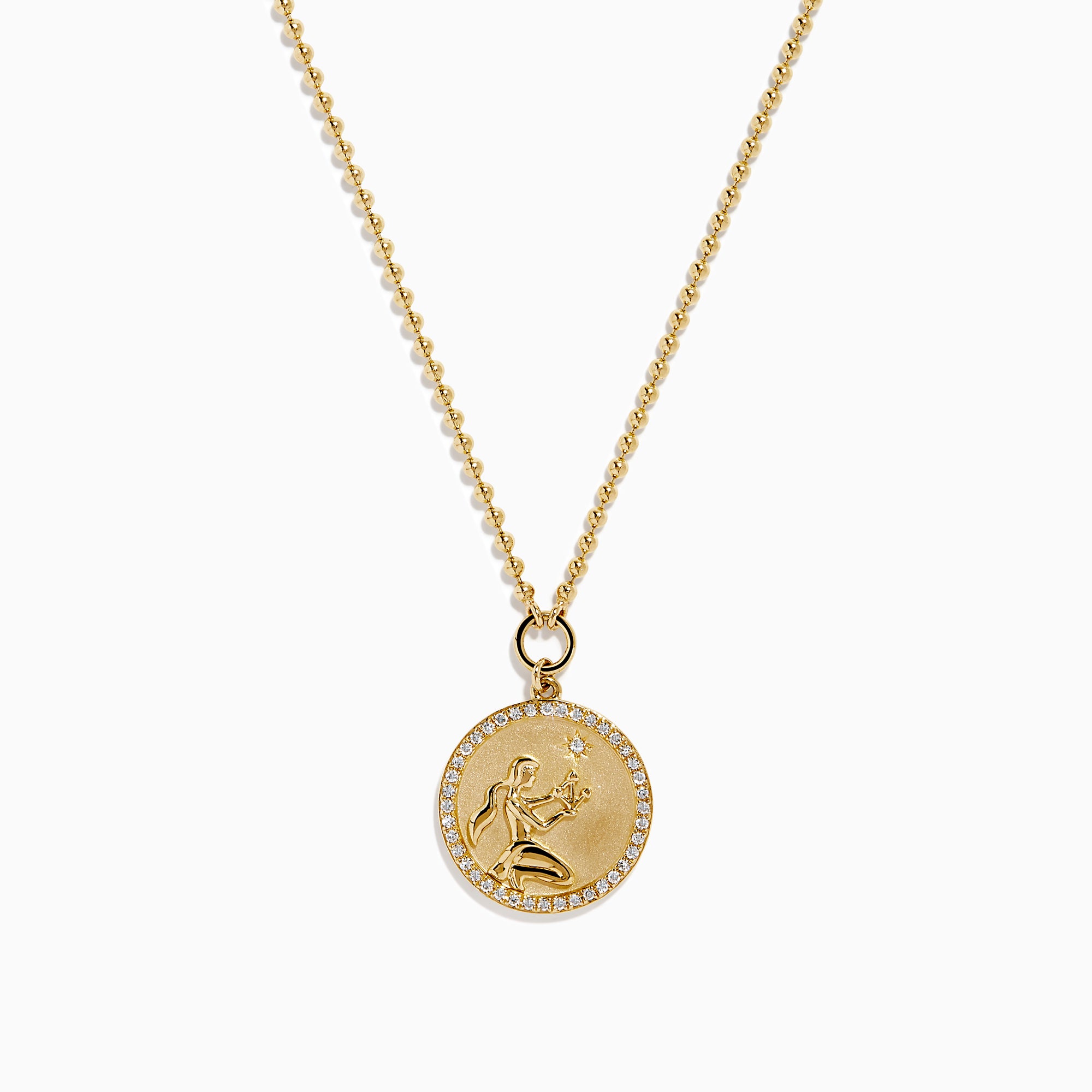 The Zodiac 14K Yellow Gold and Diamond Virgo Necklace features a round pendant with an engraved figure holding a star, accented by sparkling diamonds, shown on a plain white background.