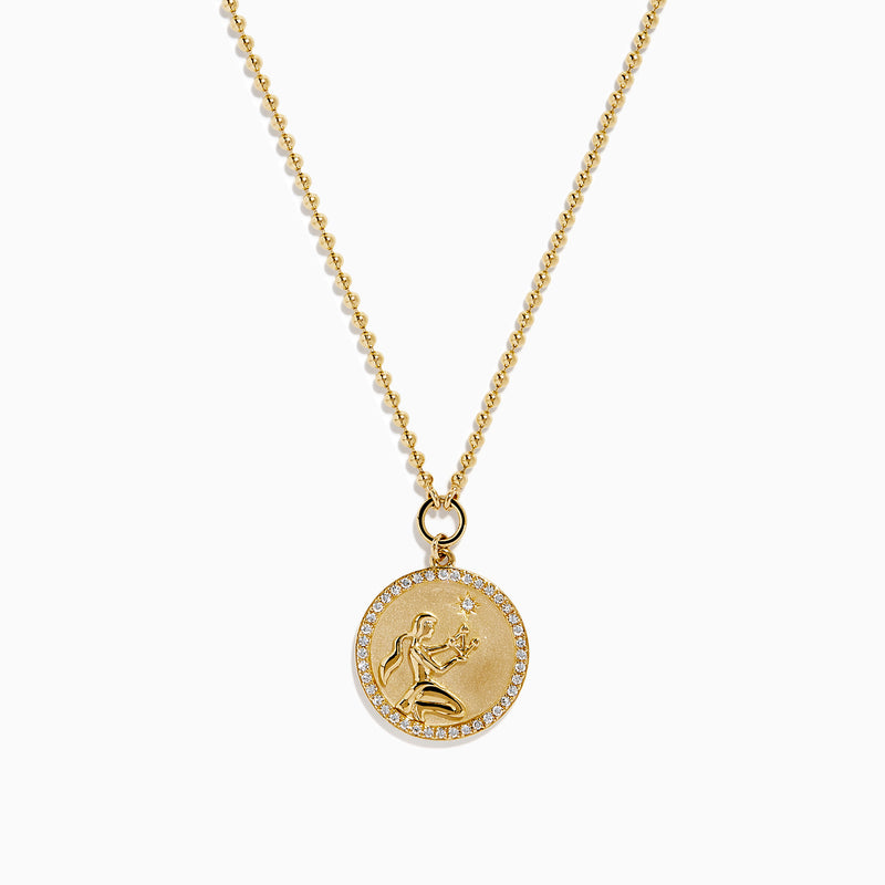 The Zodiac 14K Yellow Gold and Diamond Virgo Necklace features a round pendant with an engraved figure holding a star, accented by sparkling diamonds, shown on a plain white background.