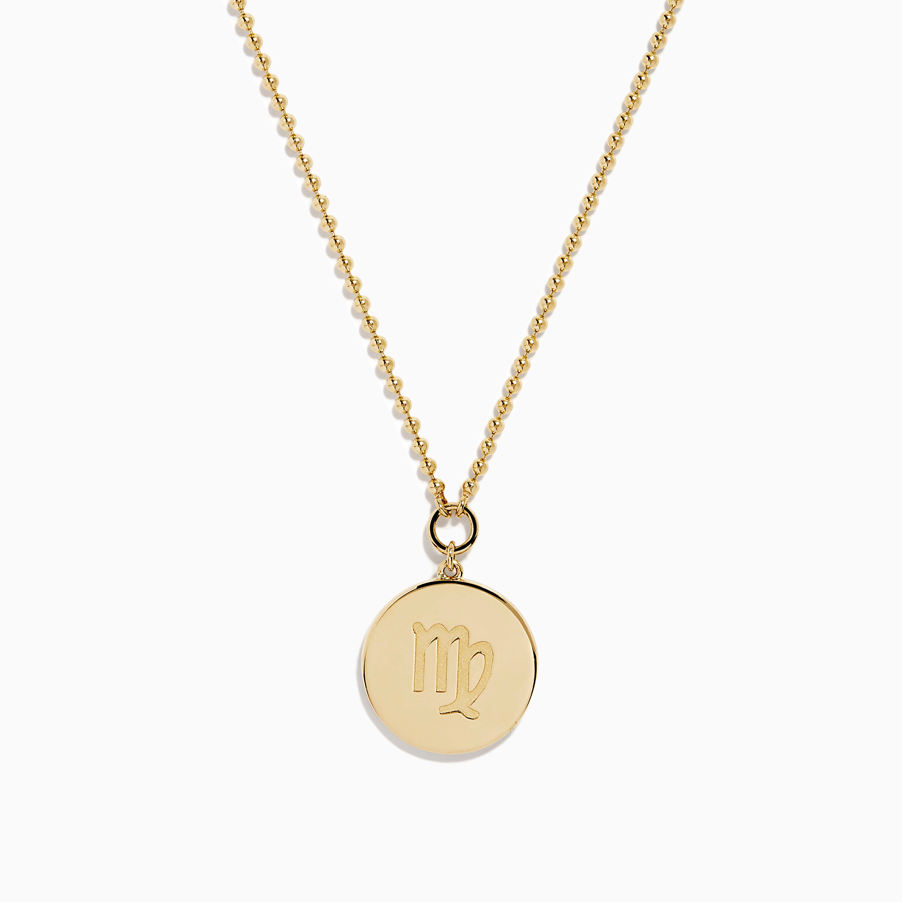 The Zodiac 14K Yellow Gold and Diamond Virgo Necklace features a round pendant with an engraved figure holding a star, accented by sparkling diamonds, shown on a plain white background.