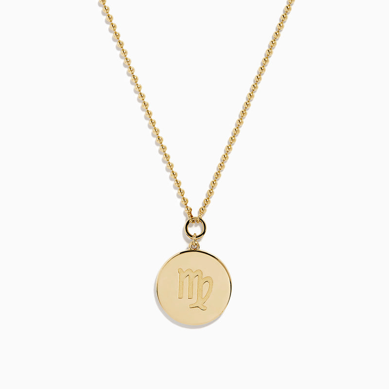 The Zodiac 14K Yellow Gold and Diamond Virgo Necklace features a round pendant with an engraved figure holding a star, accented by sparkling diamonds, shown on a plain white background.