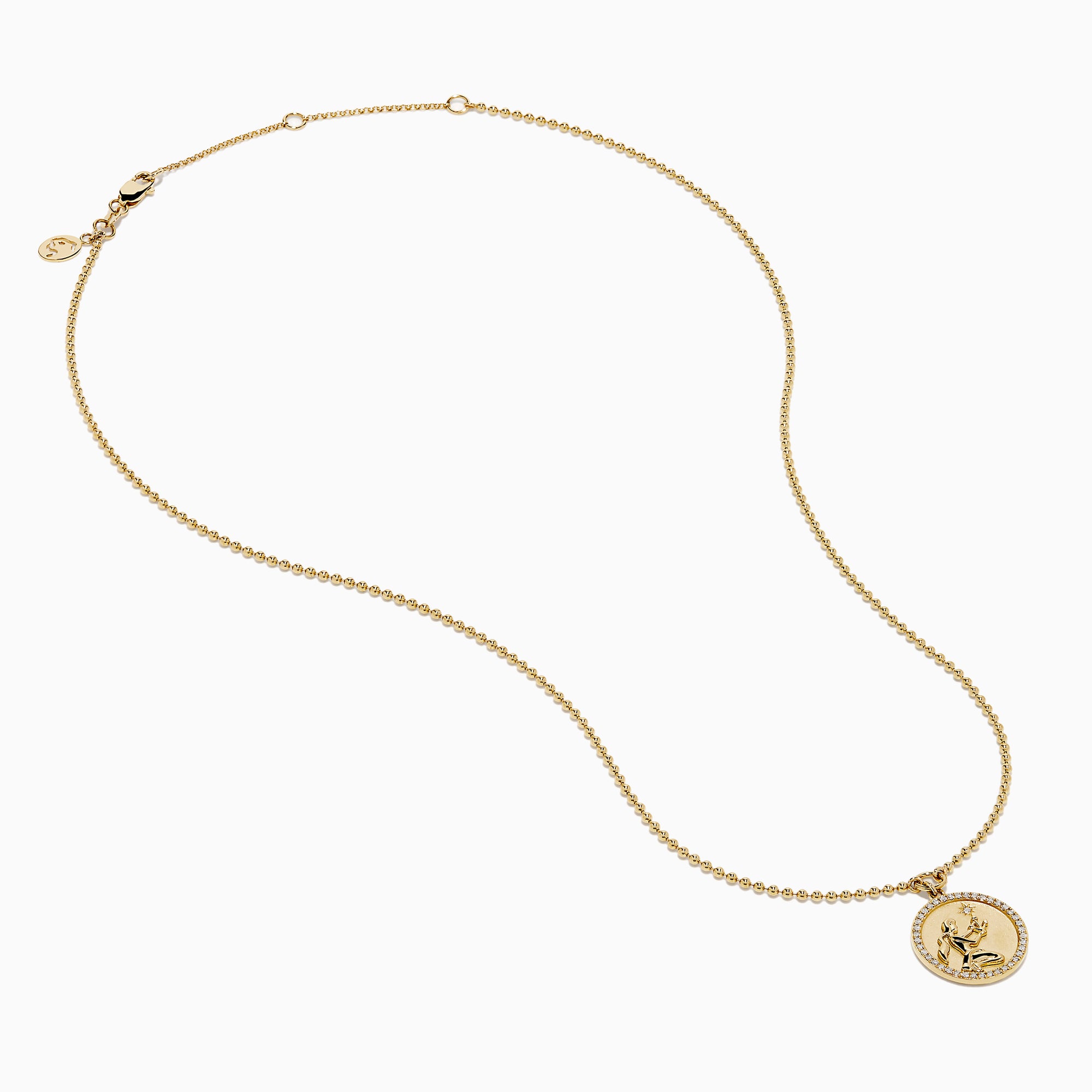 The Zodiac 14K Yellow Gold and Diamond Virgo Necklace features a round pendant with an engraved figure holding a star, accented by sparkling diamonds, shown on a plain white background.