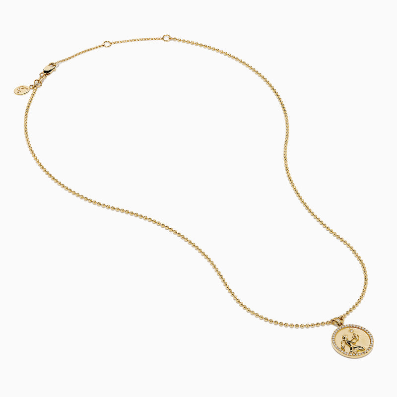 The Zodiac 14K Yellow Gold and Diamond Virgo Necklace features a round pendant with an engraved figure holding a star, accented by sparkling diamonds, shown on a plain white background.