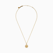 The Zodiac 14K Yellow Gold and Diamond Libra Necklace features a round pendant engraved with the scales of justice, surrounded by sparkling stones for a stunning astrological statement.