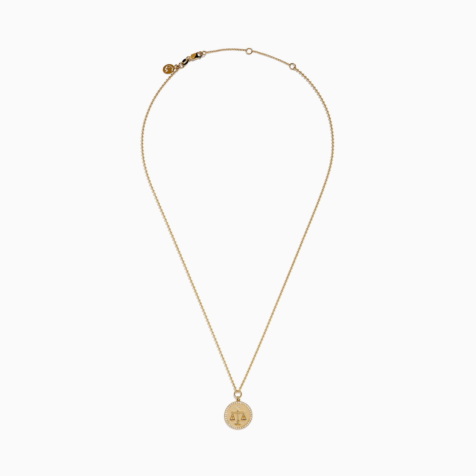 The Zodiac 14K Yellow Gold and Diamond Libra Necklace features a round pendant engraved with the scales of justice, surrounded by sparkling stones for a stunning astrological statement.