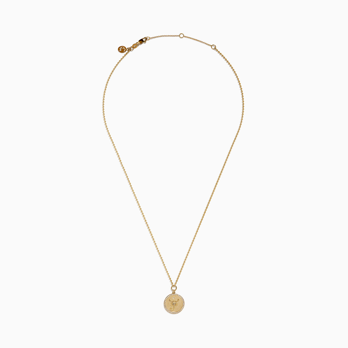 The Zodiac 14K Yellow Gold and Diamond Scorpio Necklace features a round pendant with an ornate Scorpio symbol bordered by sparkling diamonds.