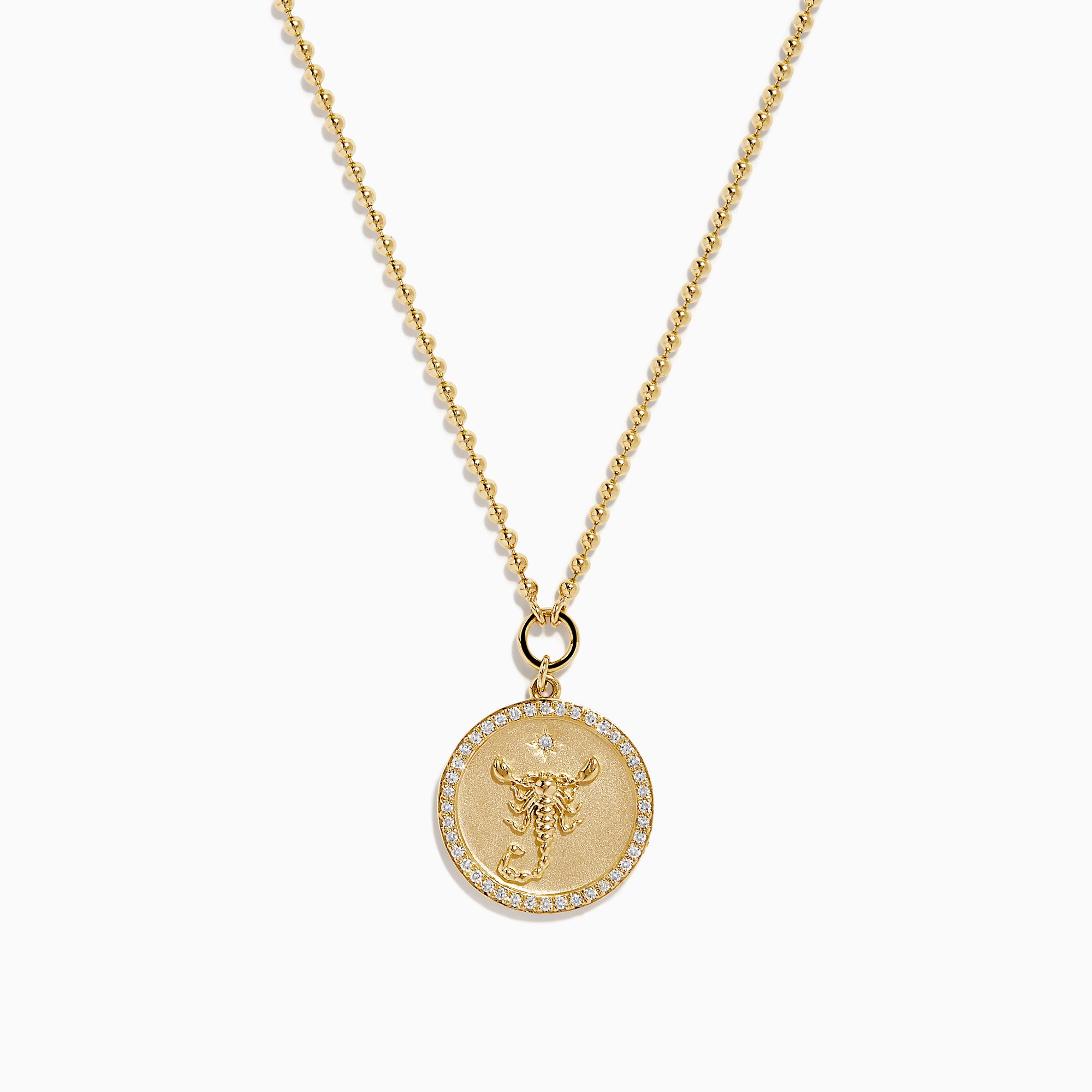 The Zodiac 14K Yellow Gold and Diamond Scorpio Necklace features a round pendant with an ornate Scorpio symbol bordered by sparkling diamonds.