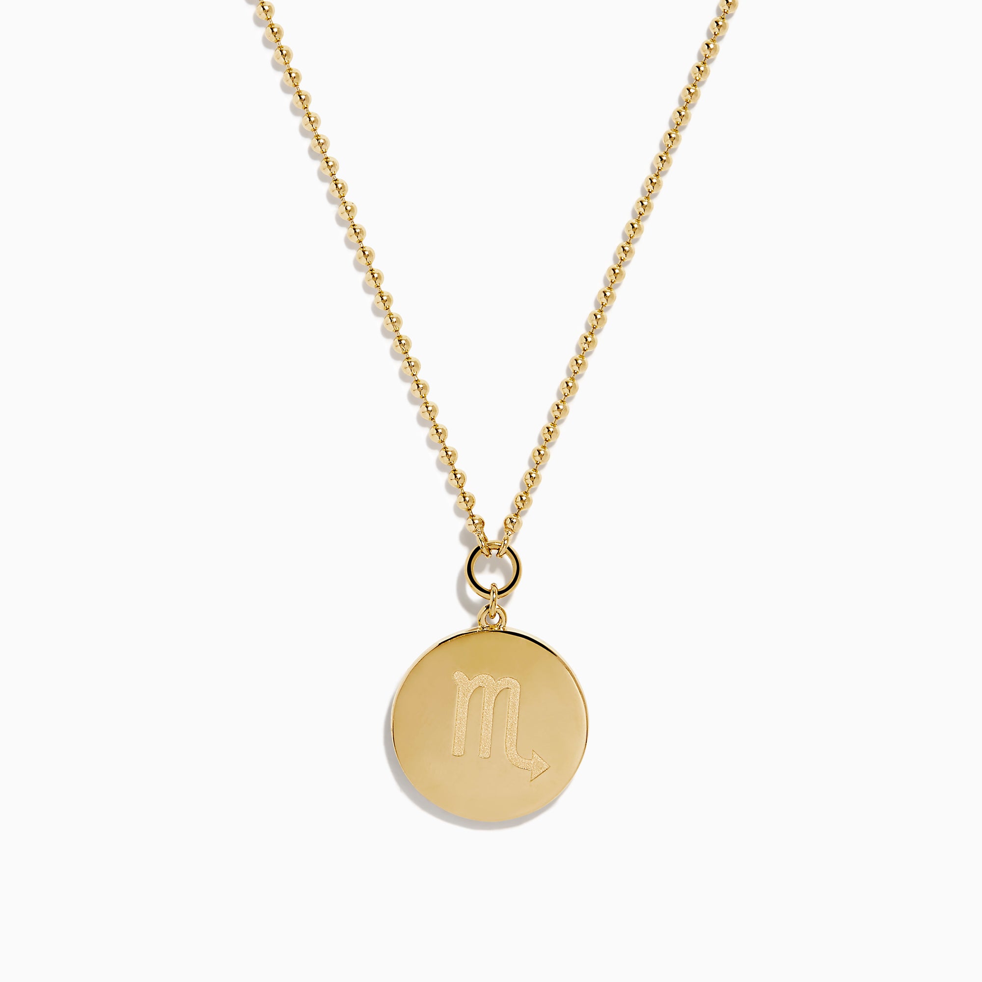 The Zodiac 14K Yellow Gold and Diamond Scorpio Necklace features a round pendant with an ornate Scorpio symbol bordered by sparkling diamonds.