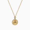The Zodiac 14K Yellow Gold and Diamond Sagittarius Necklace features a round unicorn pendant with diamond accents on the edge, hanging from a simple gold chain—perfect as a unique zodiac necklace for everyday wear.