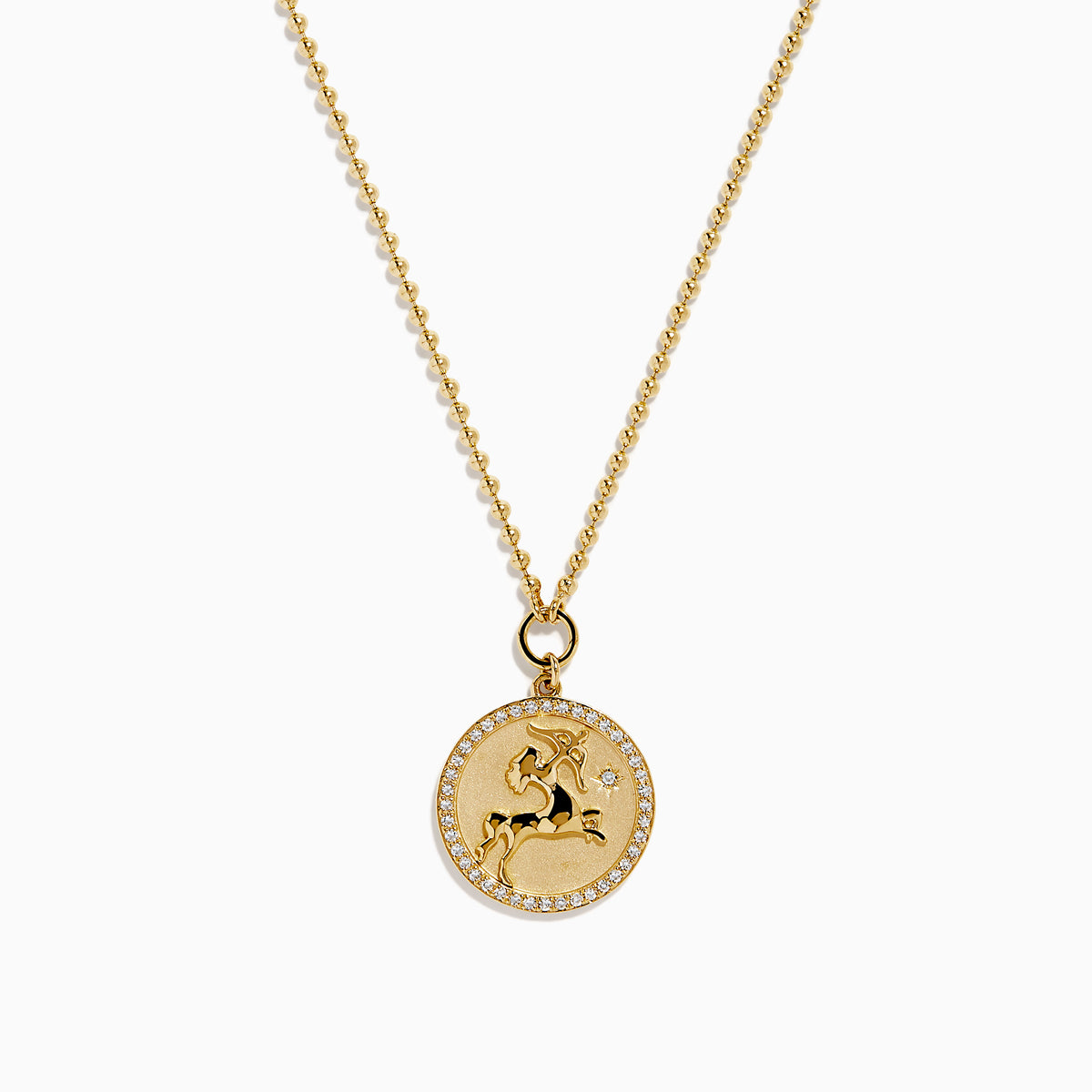 The Zodiac 14K Yellow Gold and Diamond Sagittarius Necklace features a round unicorn pendant with diamond accents on the edge, hanging from a simple gold chain—perfect as a unique zodiac necklace for everyday wear.