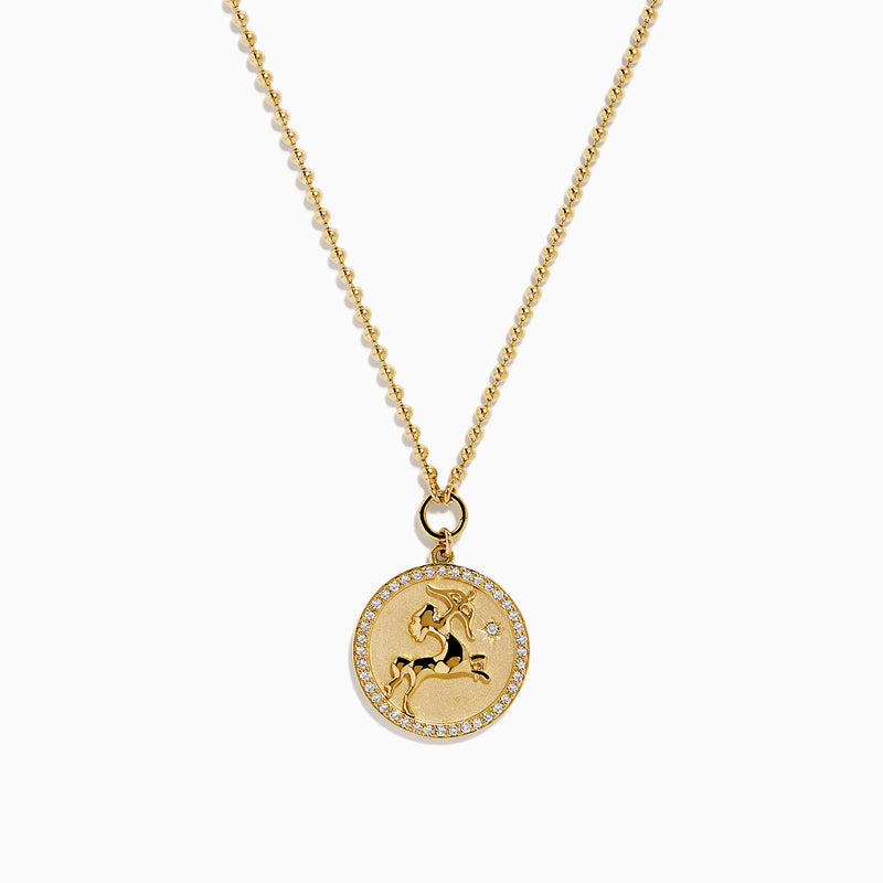 The Zodiac 14K Yellow Gold and Diamond Sagittarius Necklace features a round unicorn pendant with diamond accents on the edge, hanging from a simple gold chain—perfect as a unique zodiac necklace for everyday wear.