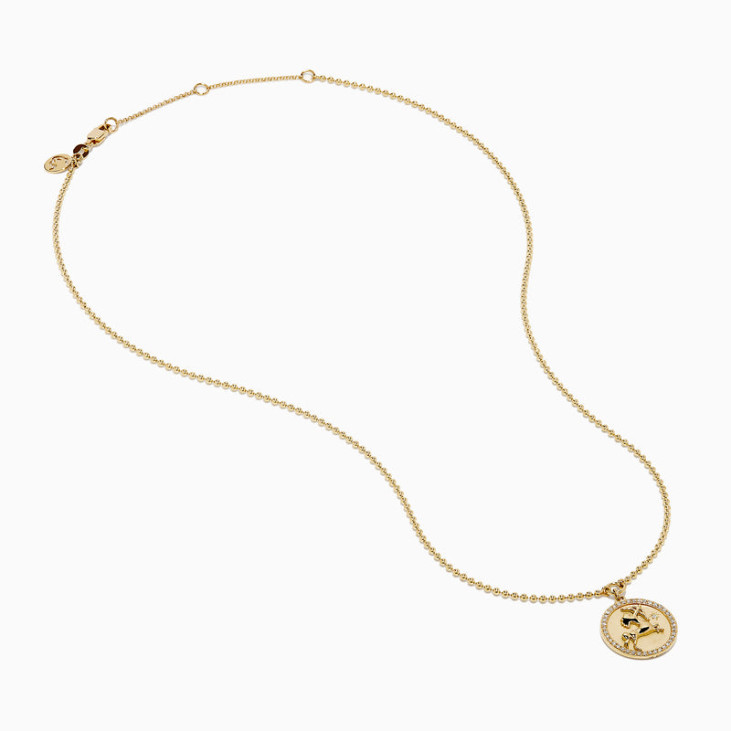 The Zodiac 14K Yellow Gold and Diamond Sagittarius Necklace features a round unicorn pendant with diamond accents on the edge, hanging from a simple gold chain—perfect as a unique zodiac necklace for everyday wear.