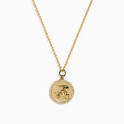 The Zodiac 14K Yellow Gold and Diamond Capricorn Necklace features a round engraved pendant framed by sparkling diamonds on a matching fine gold chain for an elegant look.