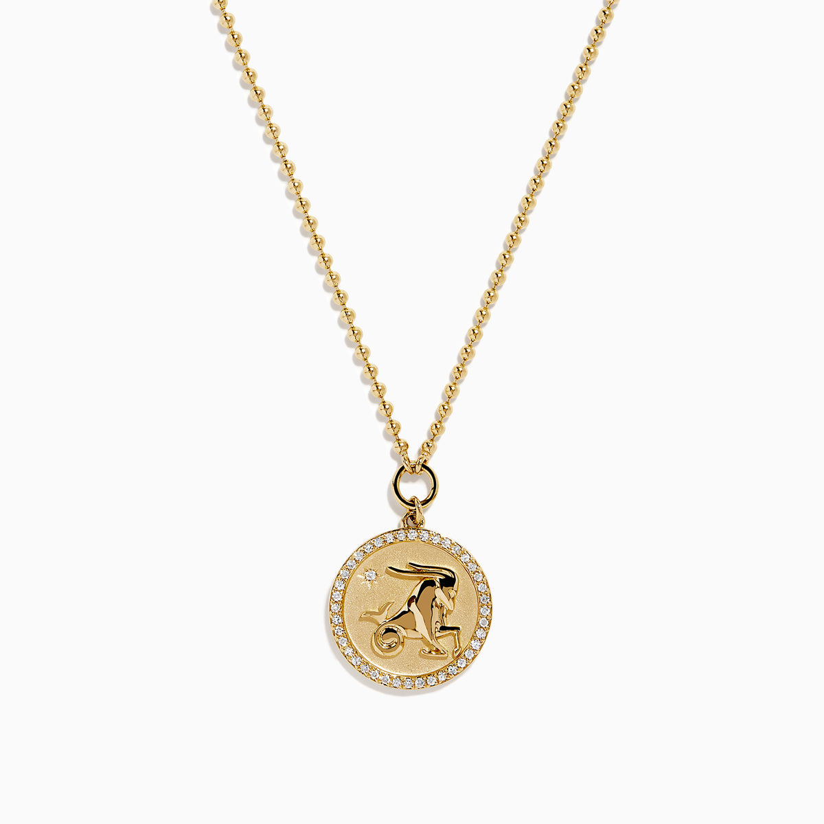 The Zodiac 14K Yellow Gold and Diamond Capricorn Necklace features a round engraved pendant framed by sparkling diamonds on a matching fine gold chain for an elegant look.