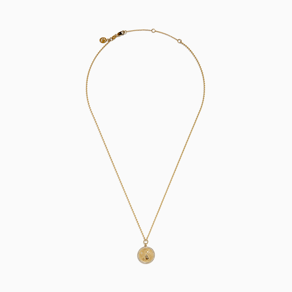 Zodiac 14K Yellow Gold and Diamond Aquarius Necklace with a round pendant engraved with a woman, bordered by diamond-like stones, on a delicate 14K gold chain. Shown on a white background.