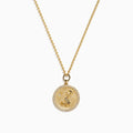 Zodiac 14K Yellow Gold and Diamond Aquarius Necklace with a round pendant engraved with a woman, bordered by diamond-like stones, on a delicate 14K gold chain. Shown on a white background.