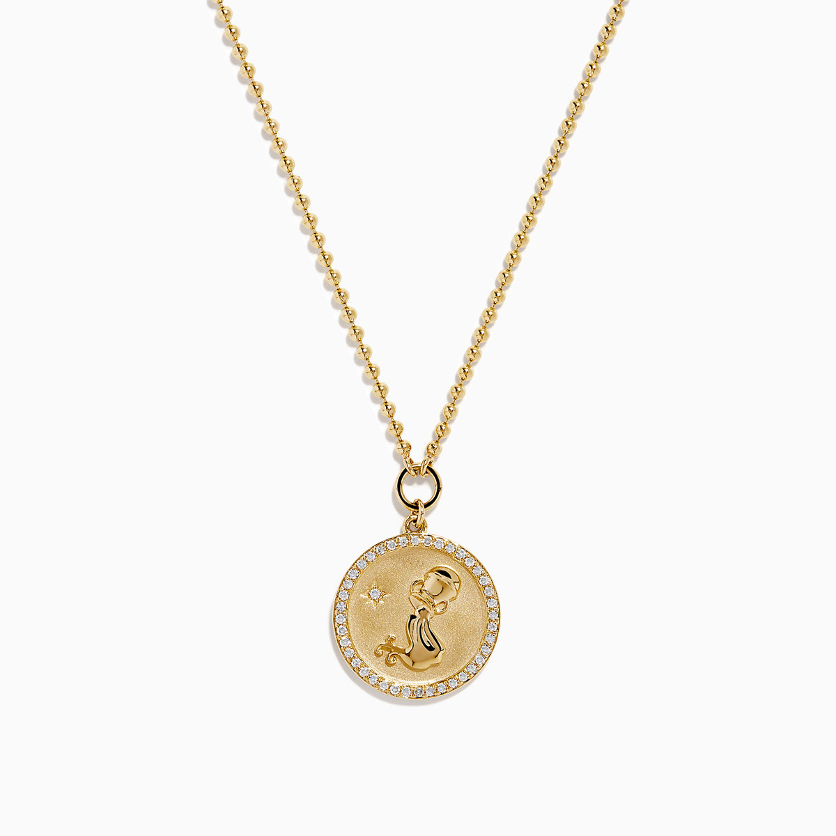 Zodiac 14K Yellow Gold and Diamond Aquarius Necklace with a round pendant engraved with a woman, bordered by diamond-like stones, on a delicate 14K gold chain. Shown on a white background.
