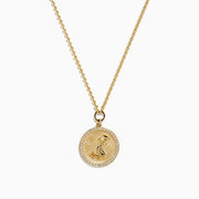 Zodiac 14K Yellow Gold and Diamond Aquarius Necklace with a round pendant engraved with a woman, bordered by diamond-like stones, on a delicate 14K gold chain. Shown on a white background.