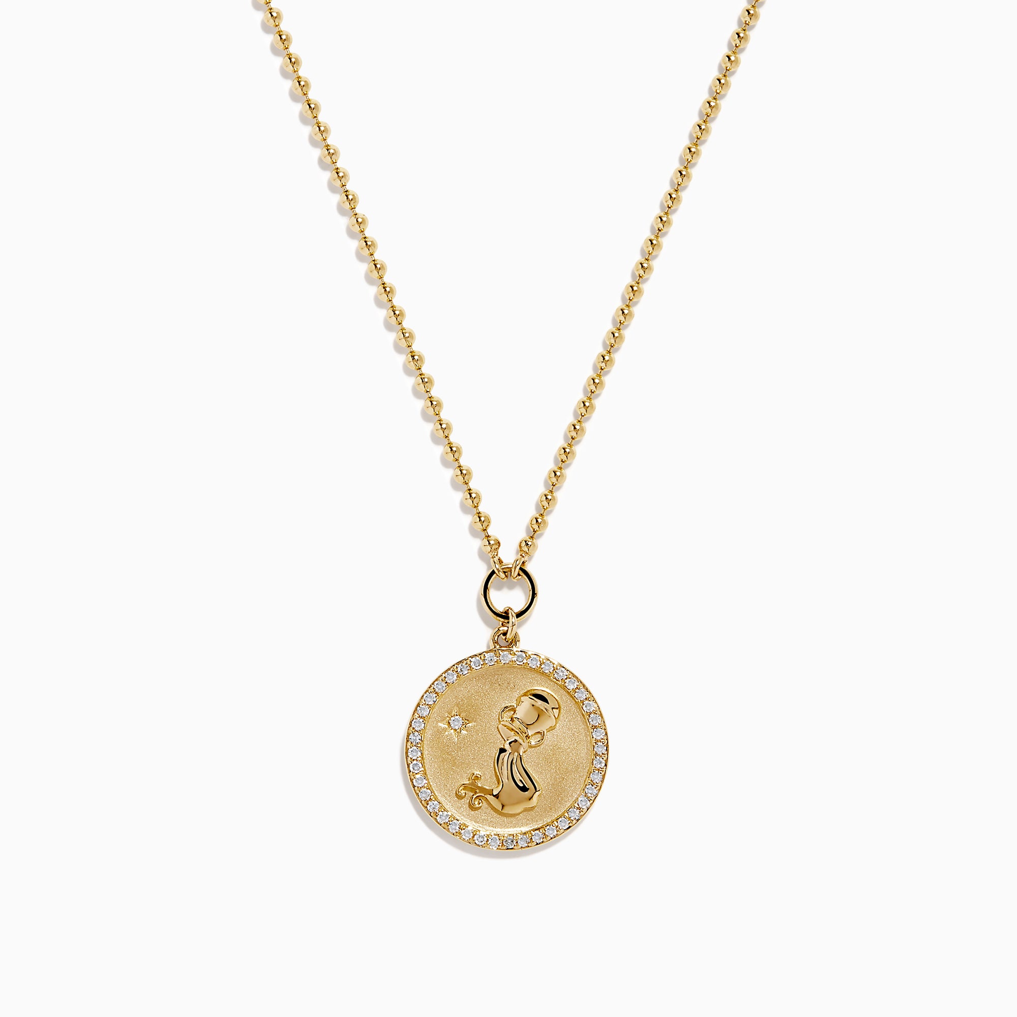 Zodiac 14K Yellow Gold and Diamond Aquarius Necklace with a round pendant engraved with a woman, bordered by diamond-like stones, on a delicate 14K gold chain. Shown on a white background.