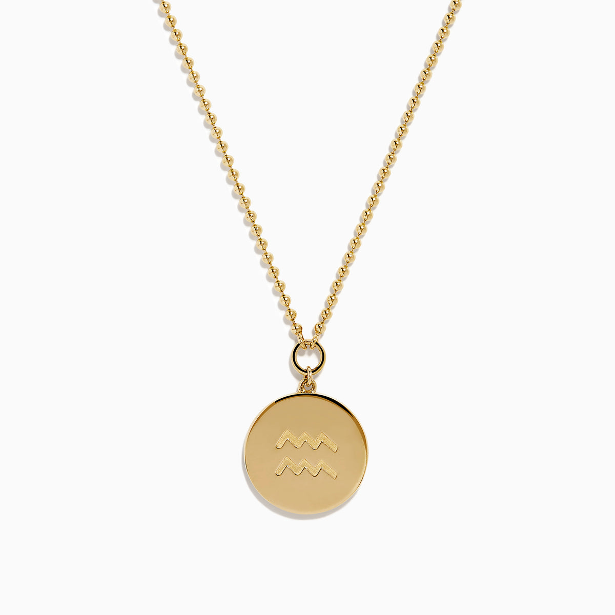 Zodiac 14K Yellow Gold and Diamond Aquarius Necklace with a round pendant engraved with a woman, bordered by diamond-like stones, on a delicate 14K gold chain. Shown on a white background.