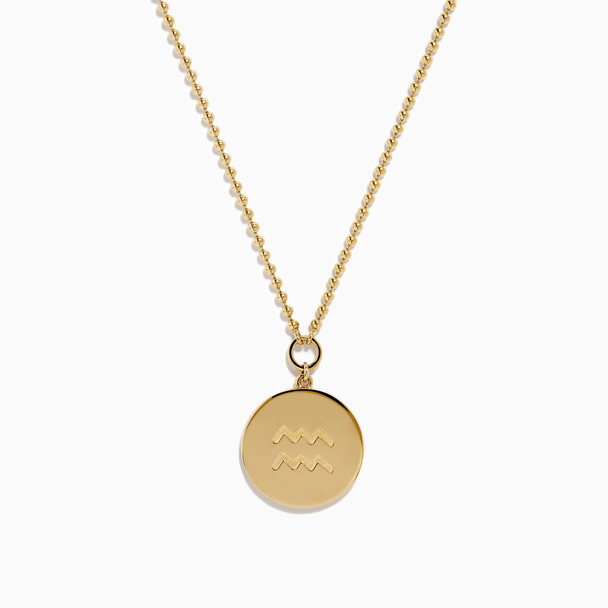 Zodiac 14K Yellow Gold and Diamond Aquarius Necklace with a round pendant engraved with a woman, bordered by diamond-like stones, on a delicate 14K gold chain. Shown on a white background.