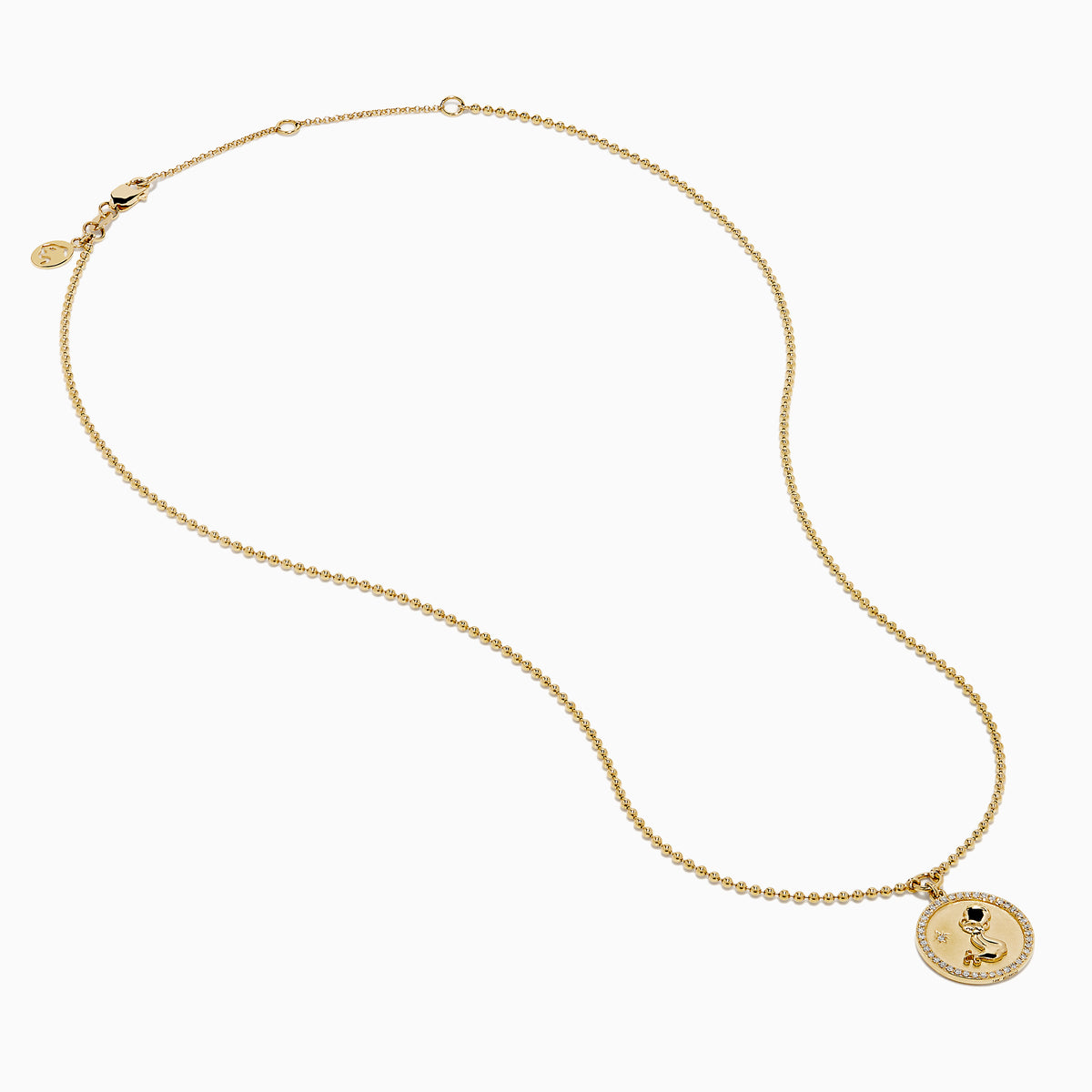 Zodiac 14K Yellow Gold and Diamond Aquarius Necklace with a round pendant engraved with a woman, bordered by diamond-like stones, on a delicate 14K gold chain. Shown on a white background.