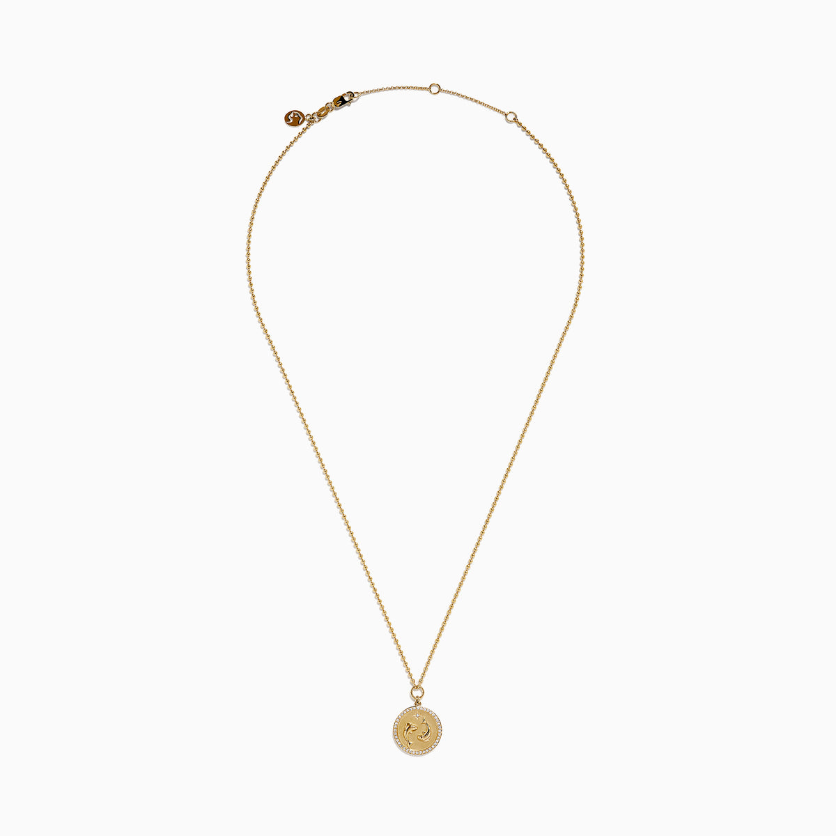 The Zodiac 14K Yellow Gold and Diamond Pisces Necklace features a circular pendant with two embossed dolphins symbolizing Pisces, surrounded by sparkling diamonds for added elegance.