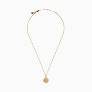 The Zodiac 14K Yellow Gold and Diamond Pisces Necklace features a circular pendant with two embossed dolphins symbolizing Pisces, surrounded by sparkling diamonds for added elegance.