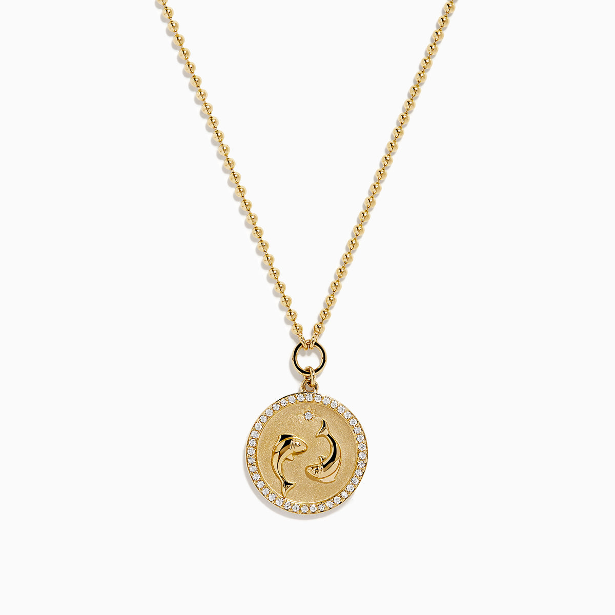 The Zodiac 14K Yellow Gold and Diamond Pisces Necklace features a circular pendant with two embossed dolphins symbolizing Pisces, surrounded by sparkling diamonds for added elegance.