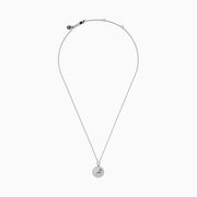 The Zodiac 925 Sterling Silver and Diamond Aries Necklace features a round sterling silver pendant with a textured edge, engraved Aries design, and hangs from a beaded chain.