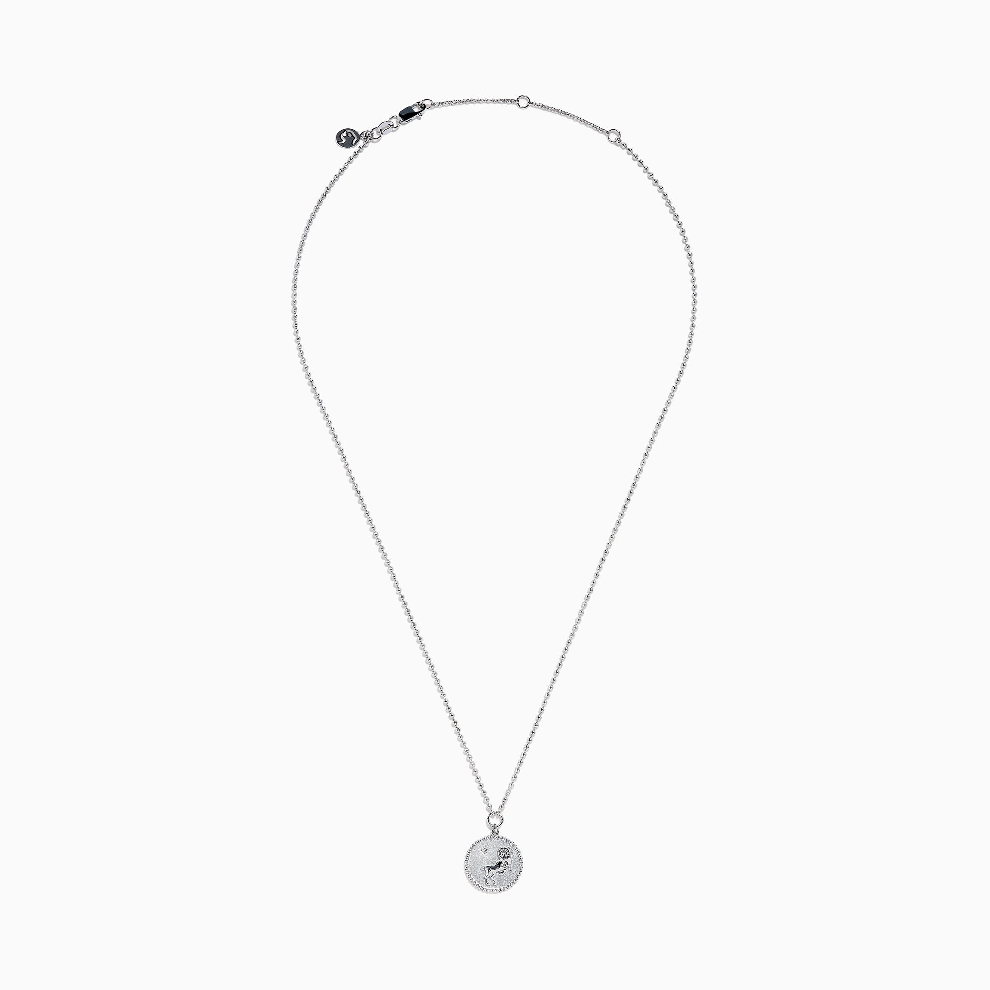 The Zodiac 925 Sterling Silver and Diamond Aries Necklace features a round sterling silver pendant with a textured edge, engraved Aries design, and hangs from a beaded chain.