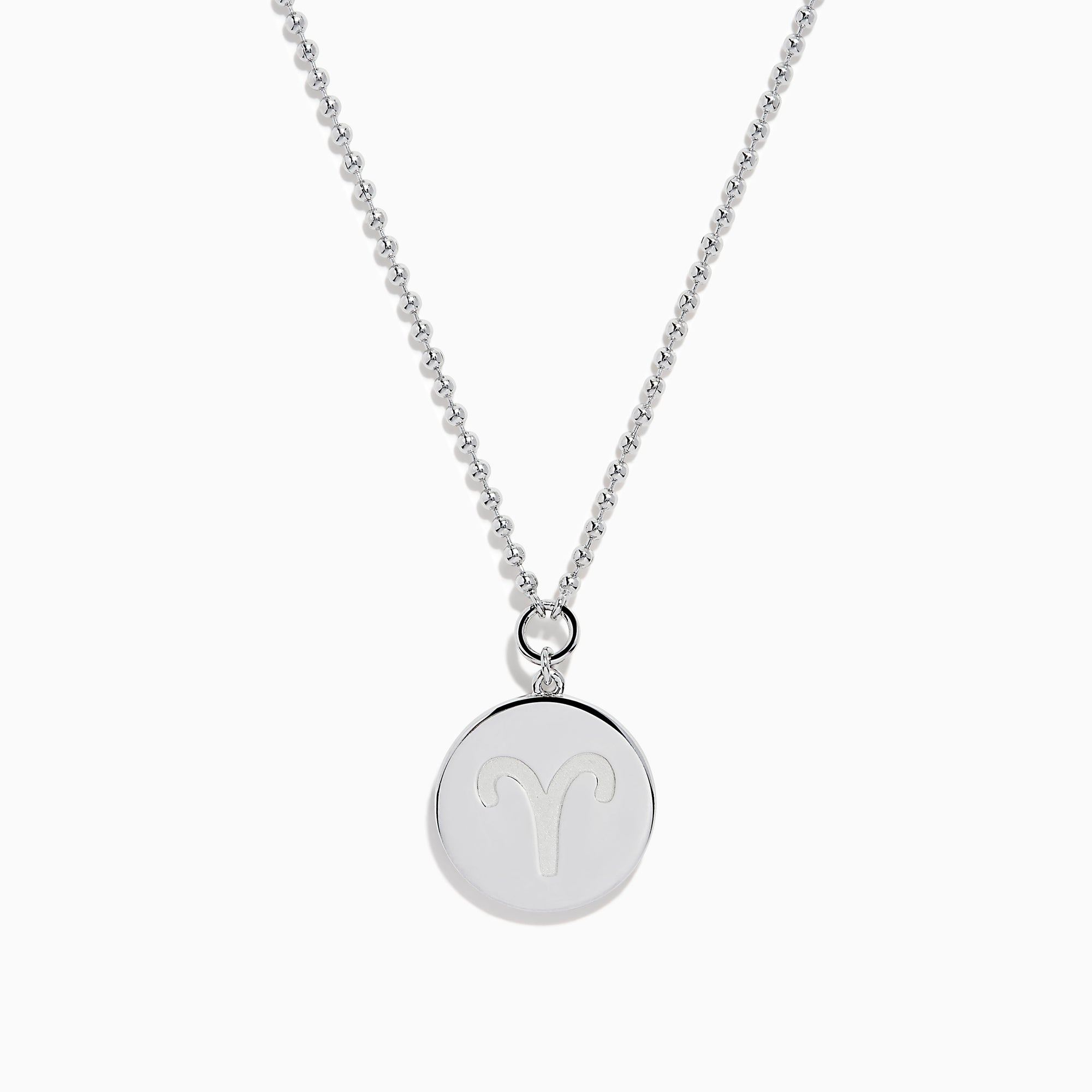 The Zodiac 925 Sterling Silver and Diamond Aries Necklace features a round sterling silver pendant with a textured edge, engraved Aries design, and hangs from a beaded chain.
