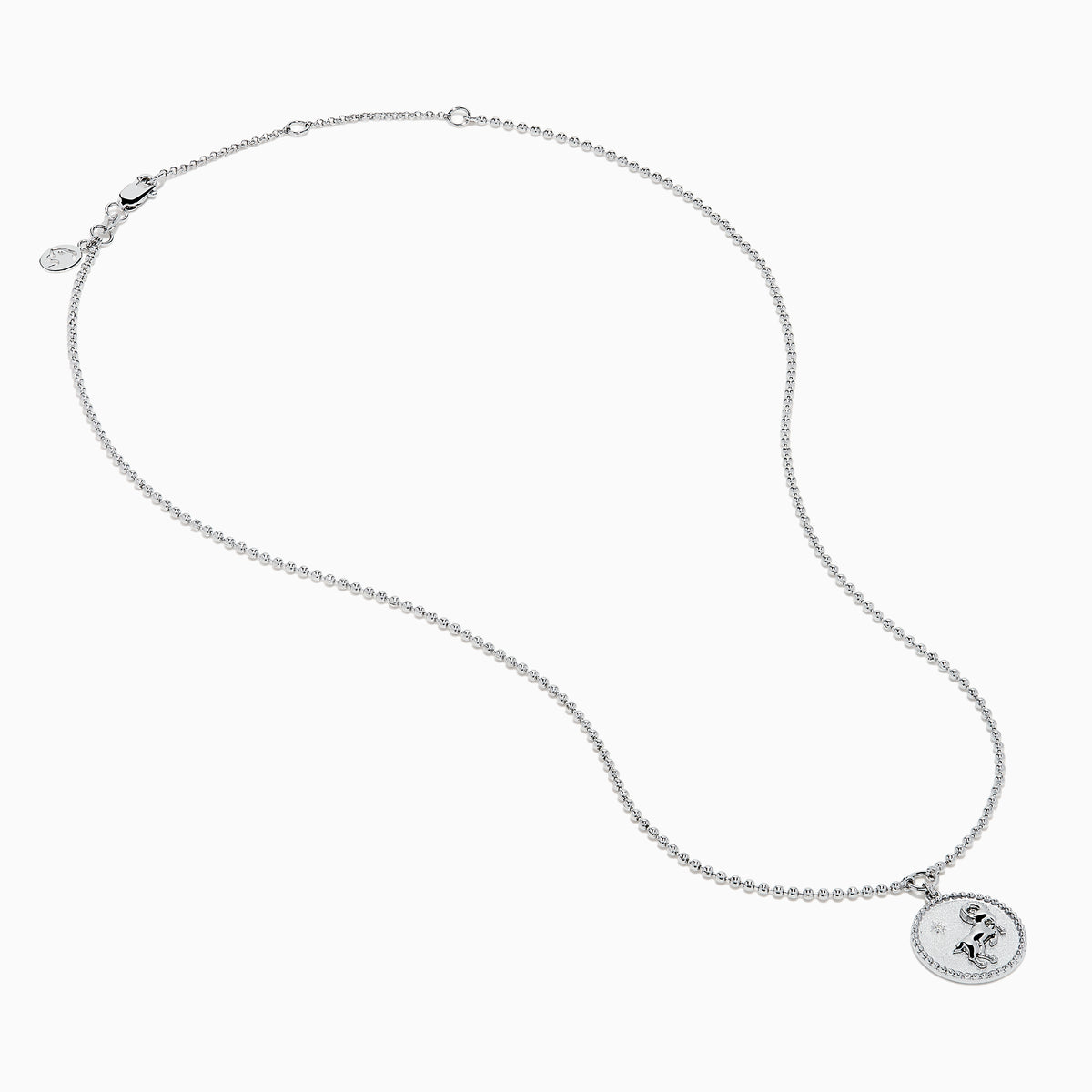 The Zodiac 925 Sterling Silver and Diamond Aries Necklace features a round sterling silver pendant with a textured edge, engraved Aries design, and hangs from a beaded chain.