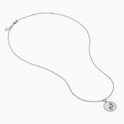 The Zodiac 925 Sterling Silver and Diamond Aries Necklace features a round sterling silver pendant with a textured edge, engraved Aries design, and hangs from a beaded chain.
