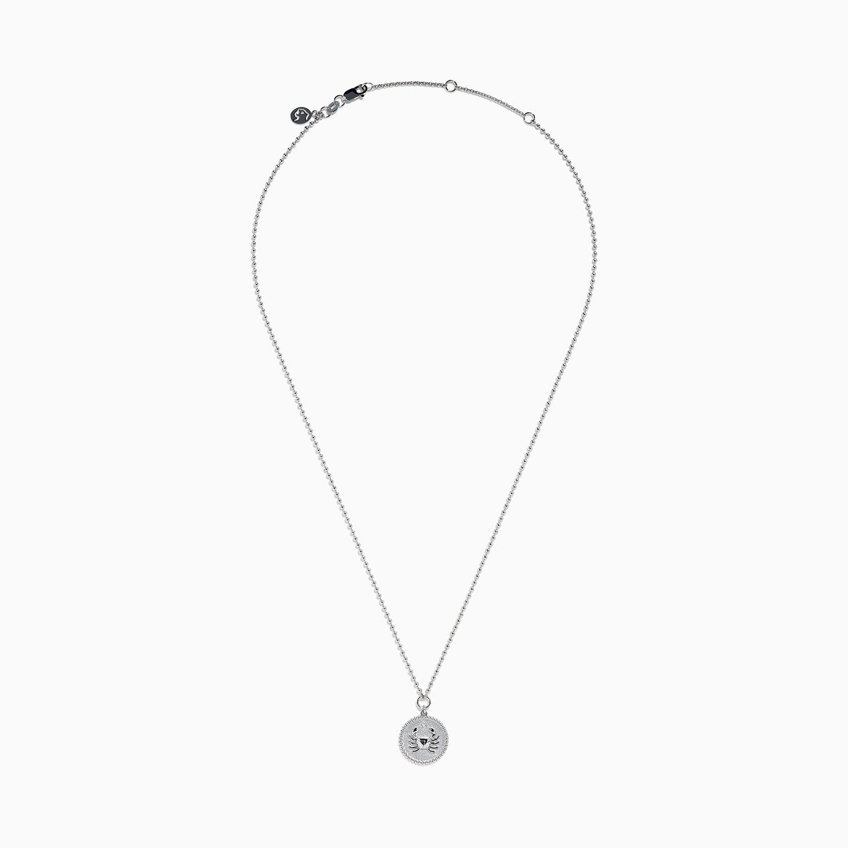 The Zodiac 925 Sterling Silver and Diamond Cancer Necklace features a beaded chain and round, textured pendant with a raised crab design—an ideal zodiac gift for Cancer birthdays.