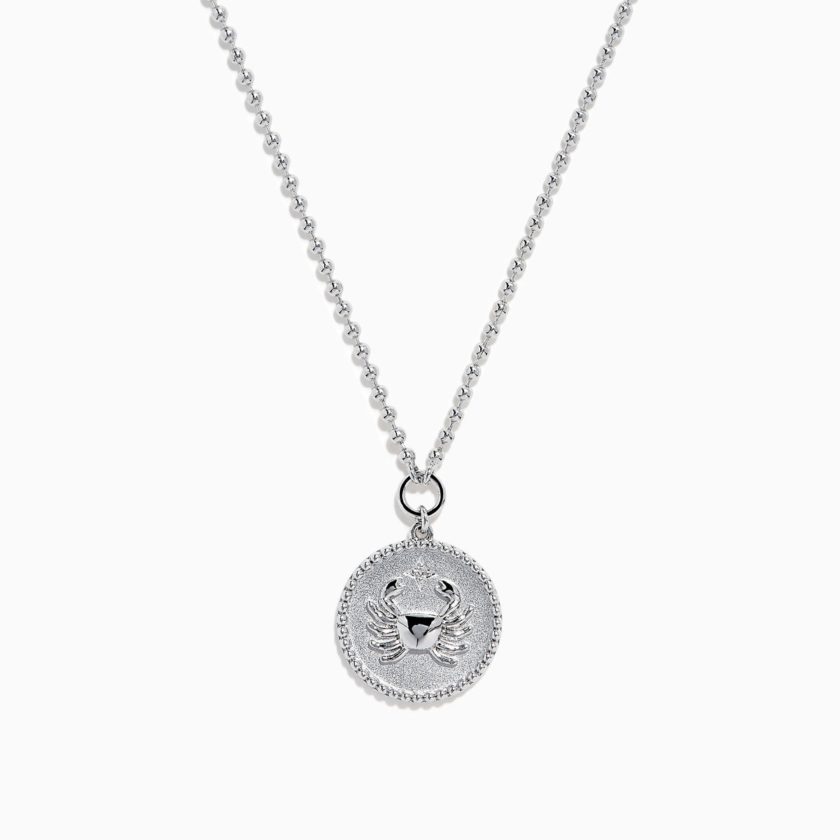 The Zodiac 925 Sterling Silver and Diamond Cancer Necklace features a beaded chain and round, textured pendant with a raised crab design—an ideal zodiac gift for Cancer birthdays.