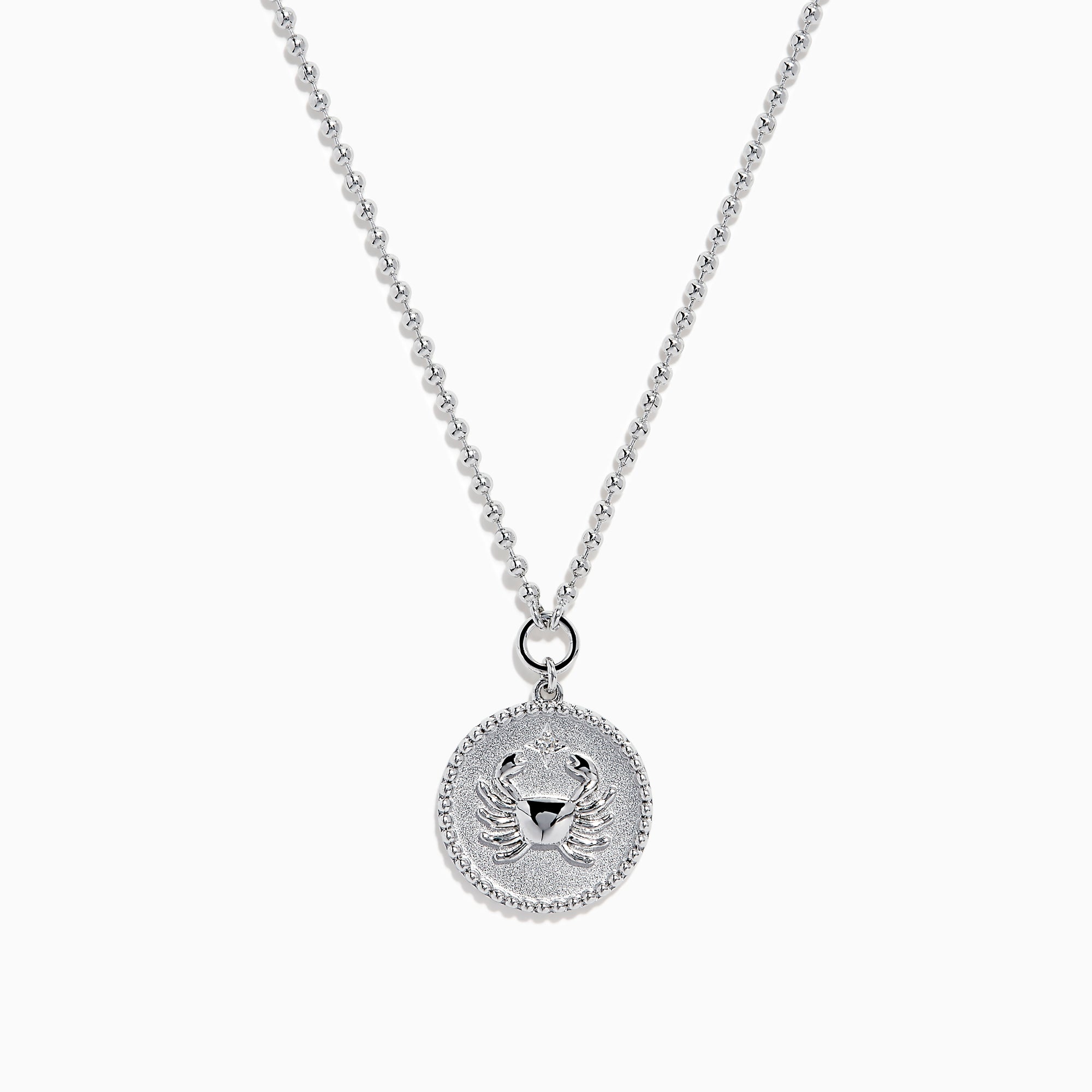 The Zodiac 925 Sterling Silver and Diamond Cancer Necklace features a beaded chain and round, textured pendant with a raised crab design—an ideal zodiac gift for Cancer birthdays.