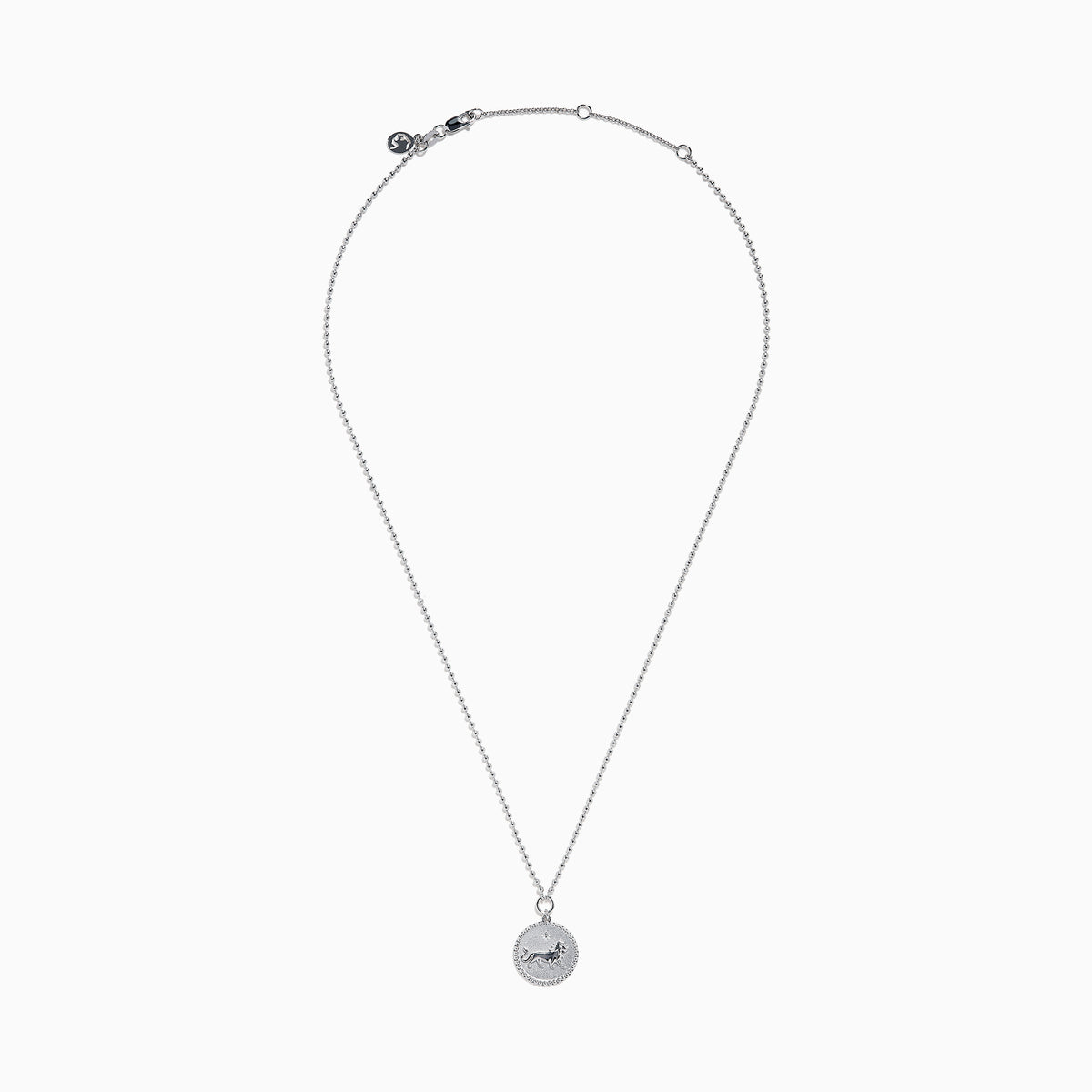 The Zodiac 925 Sterling Silver and Diamond Leo Necklace features a round pendant with an engraved lion on a beaded chain, displayed against a white background.