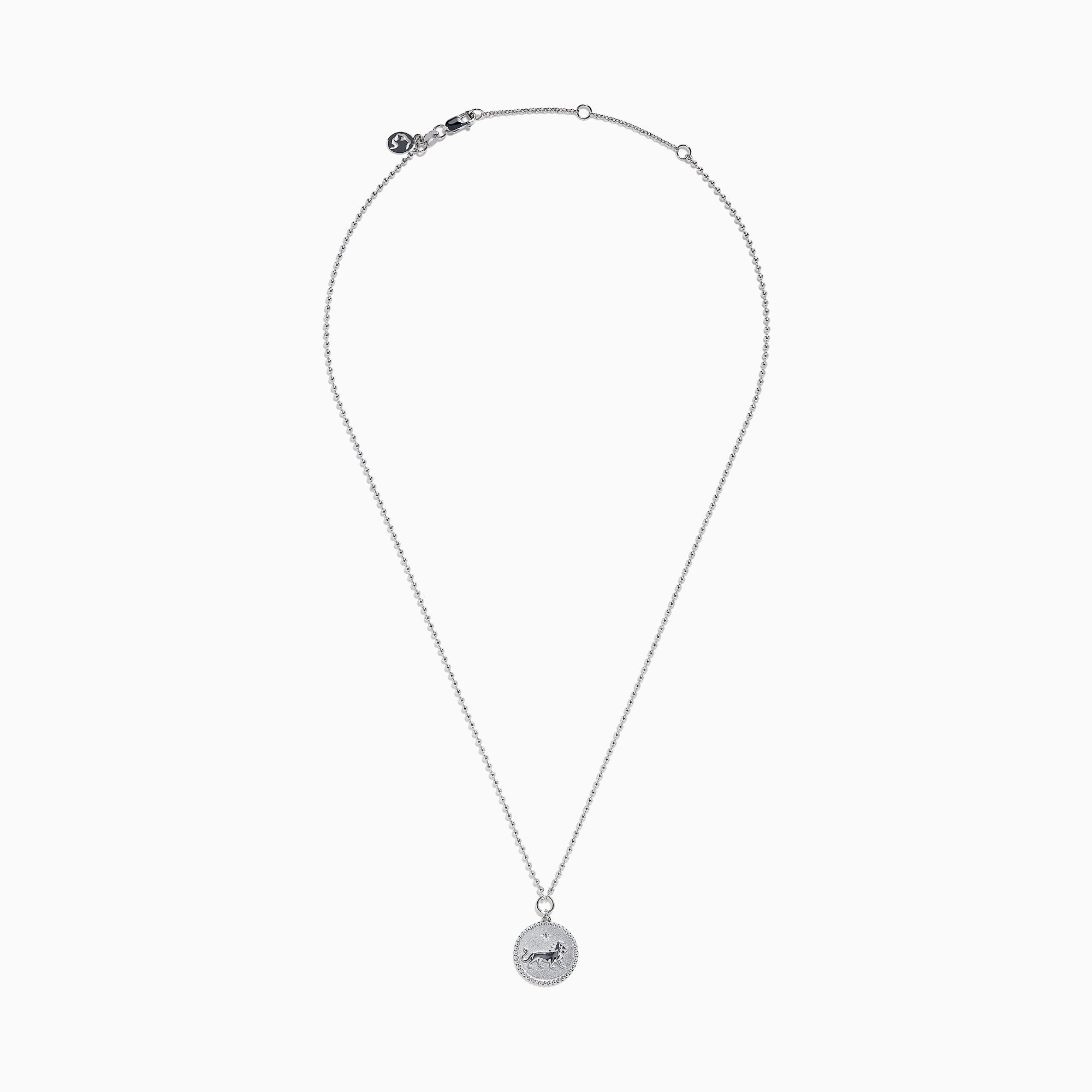 The Zodiac 925 Sterling Silver and Diamond Leo Necklace features a round pendant with an engraved lion on a beaded chain, displayed against a white background.