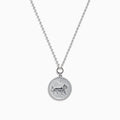 The Zodiac 925 Sterling Silver and Diamond Leo Necklace features a round pendant with an engraved lion on a beaded chain, displayed against a white background.