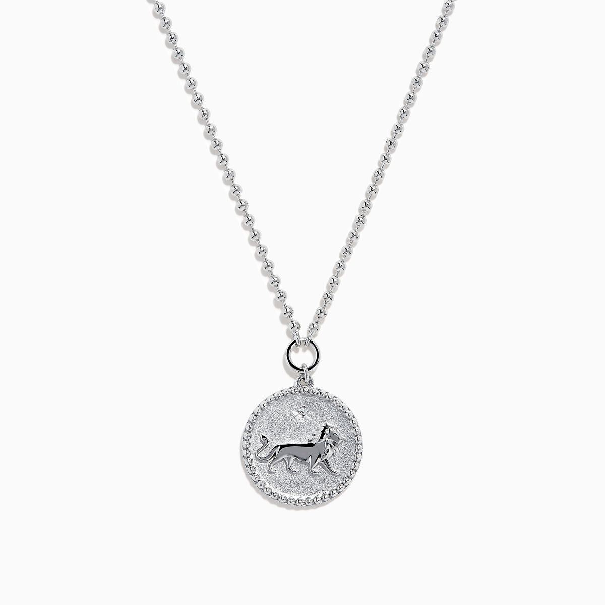 The Zodiac 925 Sterling Silver and Diamond Leo Necklace features a round pendant with an engraved lion on a beaded chain, displayed against a white background.
