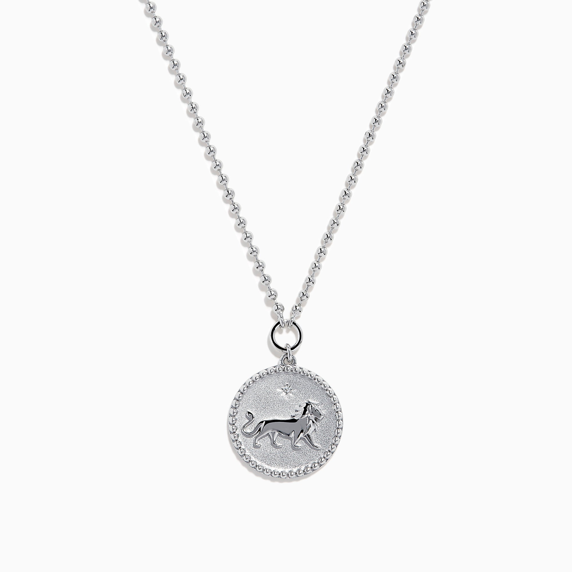 The Zodiac 925 Sterling Silver and Diamond Leo Necklace features a round pendant with an engraved lion on a beaded chain, displayed against a white background.