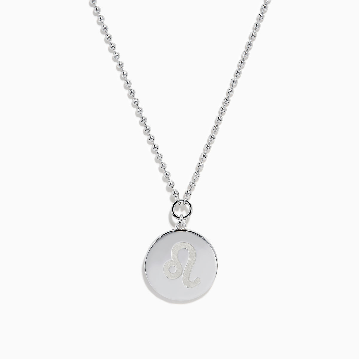 The Zodiac 925 Sterling Silver and Diamond Leo Necklace features a round pendant with an engraved lion on a beaded chain, displayed against a white background.