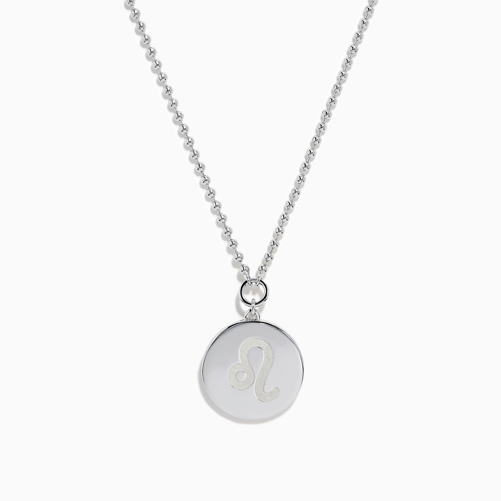 The Zodiac 925 Sterling Silver and Diamond Leo Necklace features a round pendant with an engraved lion on a beaded chain, displayed against a white background.