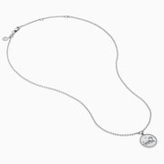 The Zodiac 925 Sterling Silver and Diamond Leo Necklace features a round pendant with an engraved lion on a beaded chain, displayed against a white background.