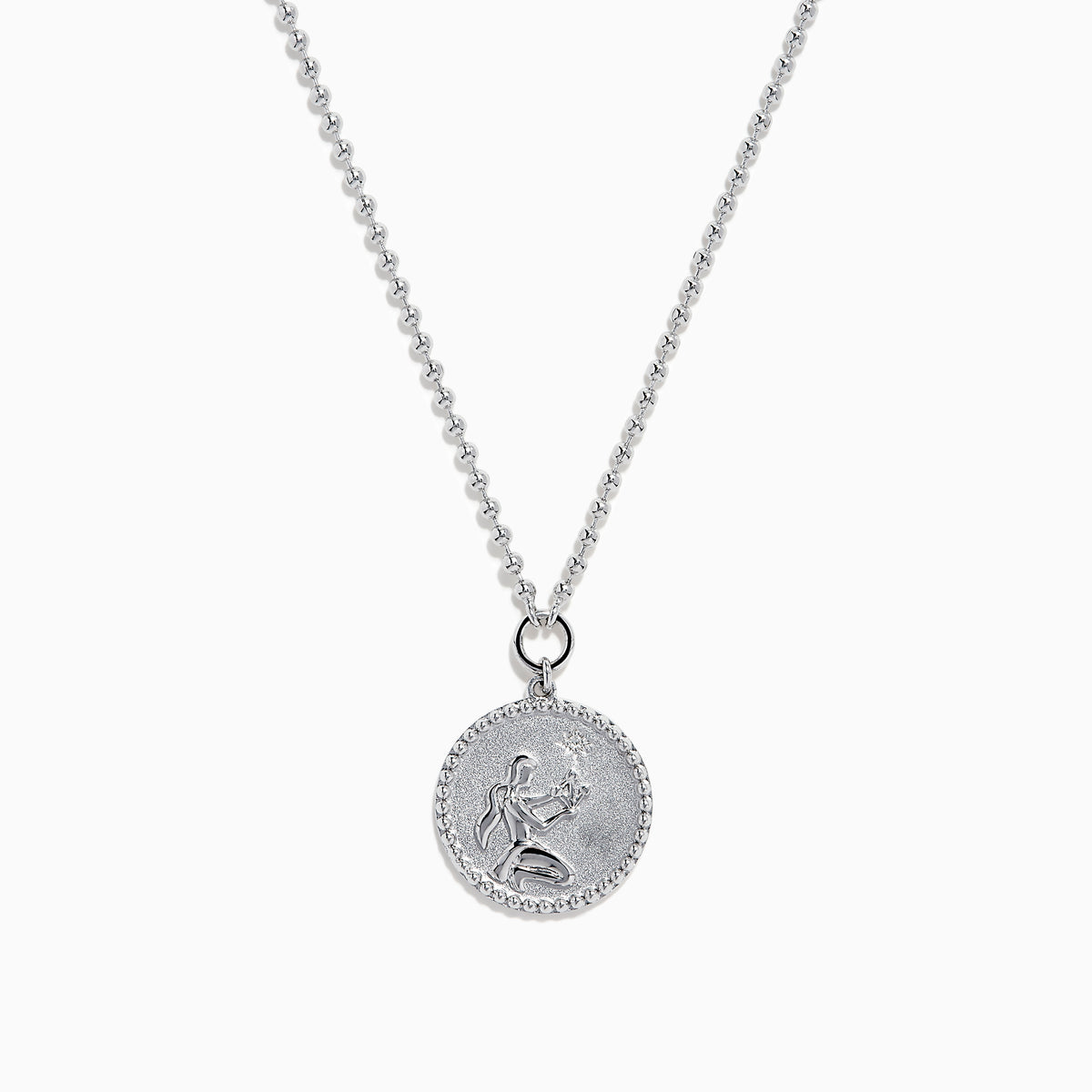The Zodiac 925 Sterling Silver and Diamond Virgo Necklace features a round sterling silver pendant with a Virgo engraving, suspended on a beaded chain and shown against a white background.